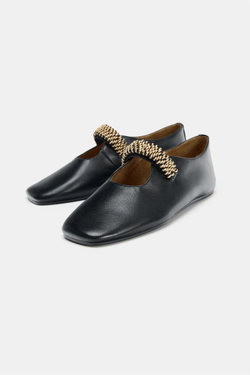 ZARA БАЛЕТКИ ИЗ КОЖИ С МЕТАЛЛИЧЕСКОЙ ПОЛОСКОЙ, ЧЕРНЫЙ