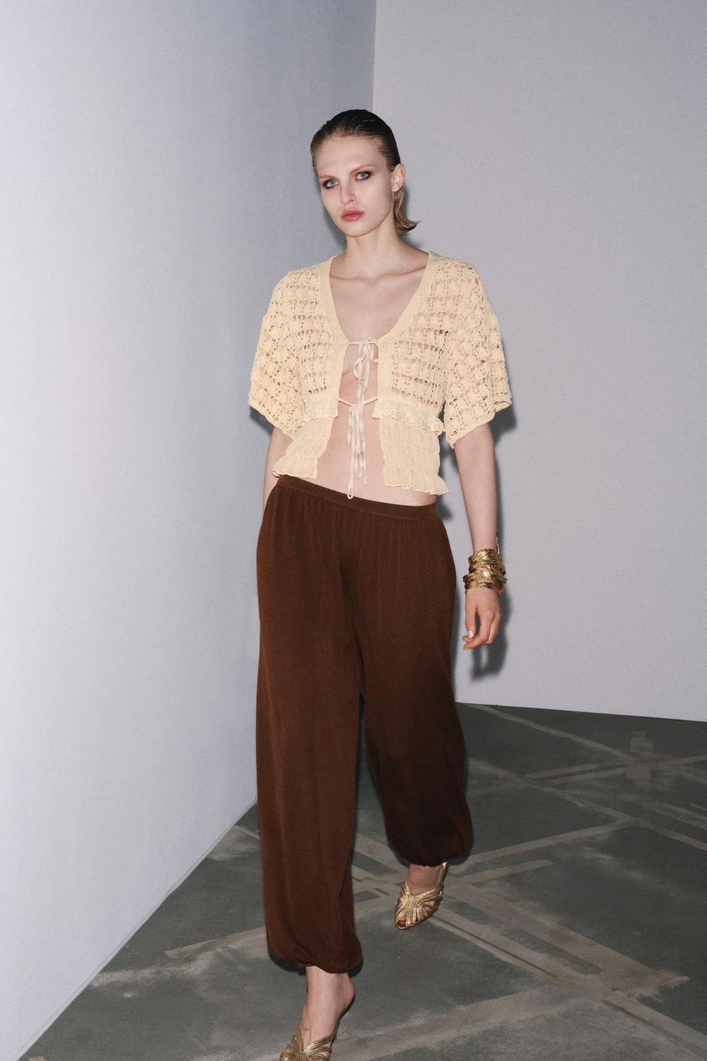 ZARA КОМБИНИРОВАННЫЙ ТРИКОТАЖНЫЙ КАРДИГАН, АБРИКОСОВЫЙ