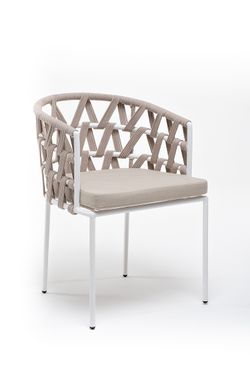 "Диего" стул плетеный из роупа, каркас из стали белый муар, роуп бежевый круглый, ткань бежевая 15052