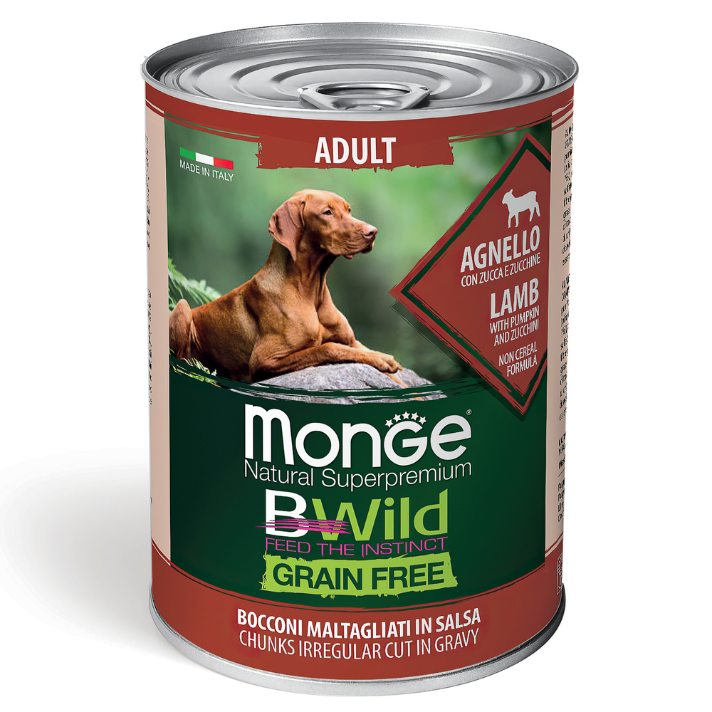 Влажный корм Monge Dog BWild GRAIN FREE для взрослых собак, беззерновой, из ягненка с тыквой и кабачками, консервы 400 г - 24 шт