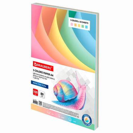 Бумага цветная BRAUBERG, А4, 80 г/м2, 100 л., (5 цветов х 20листов), пастель, для офисной техники