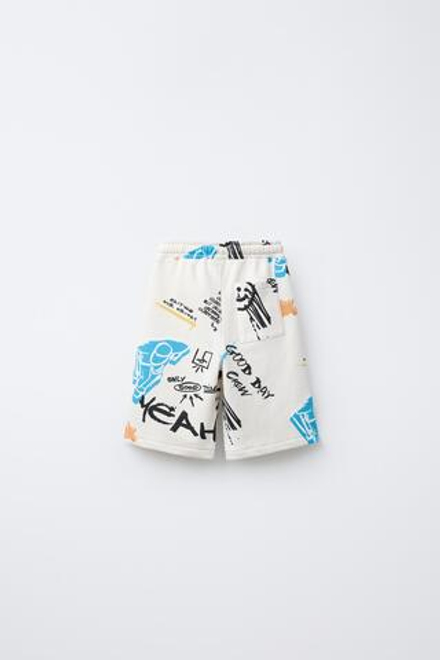 ZARA ШОРТЫ ИЗ МЯГКОЙ ТКАНИ С ПРИНТОМ «ГРАФФИТИ», ЖЕЛТОВАТО-БЕЛЫЙ