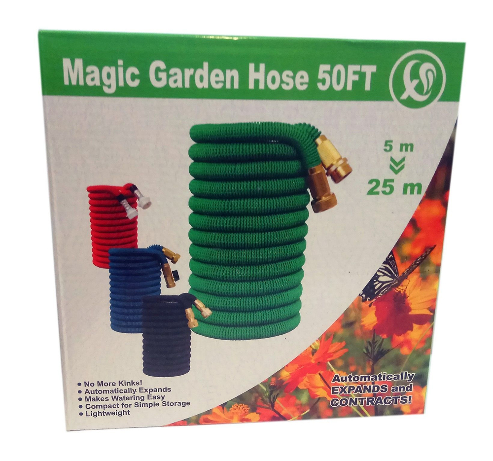 Садовый шланг для полива, растягивающийся, латунные разъемы, с пистолетом, красный