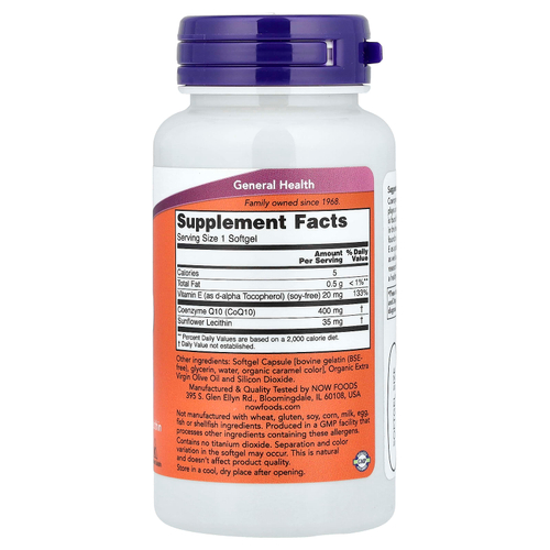 NOW Foods, коэнзим Q10 с витамином E и подсолнечным лецитином, 30 капсул