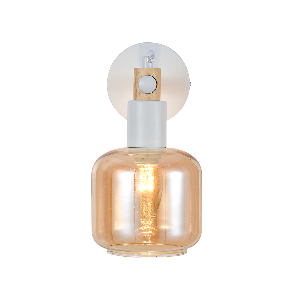 Настенный светильник 1x40 E14, металл/стекло/дерево, белый, янтарный плафон