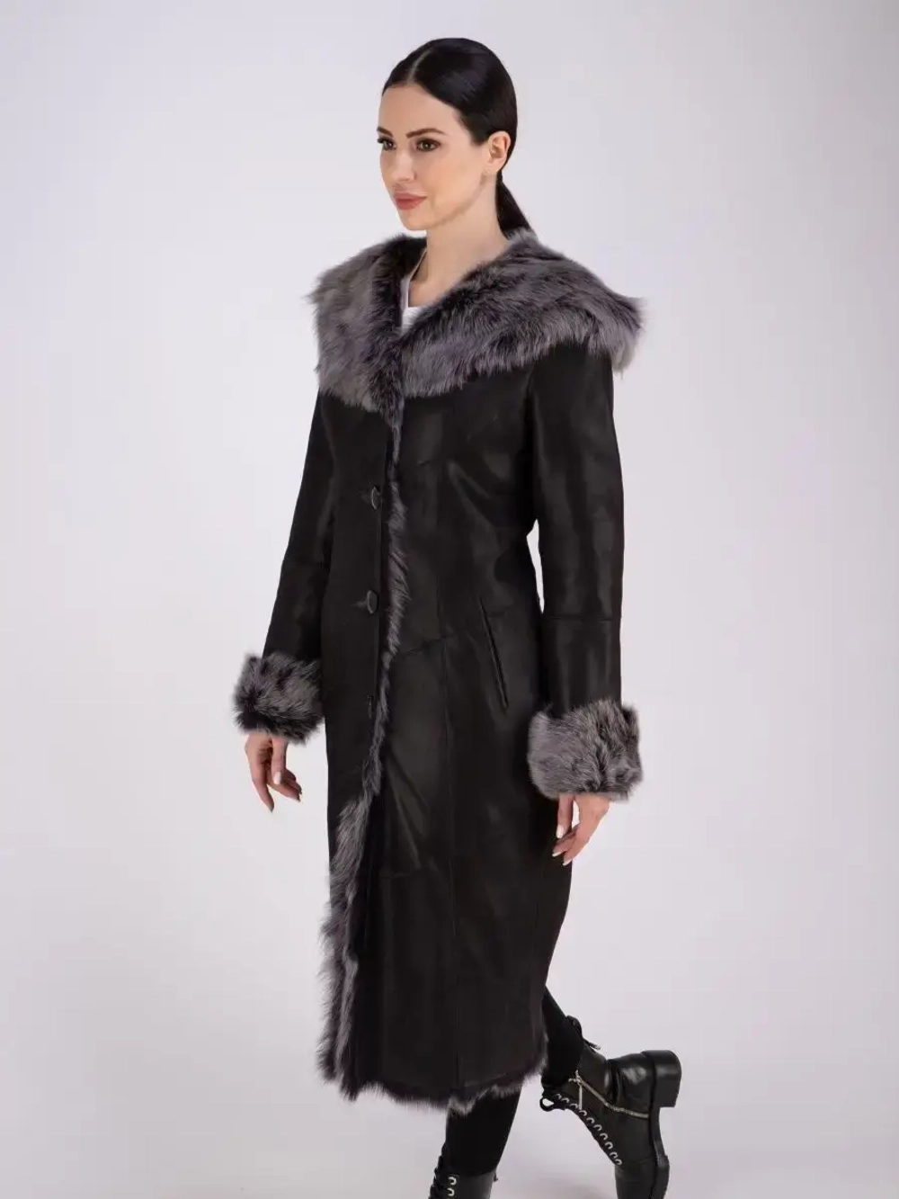 Дубленка натуральная с капюшоном длинная Турция