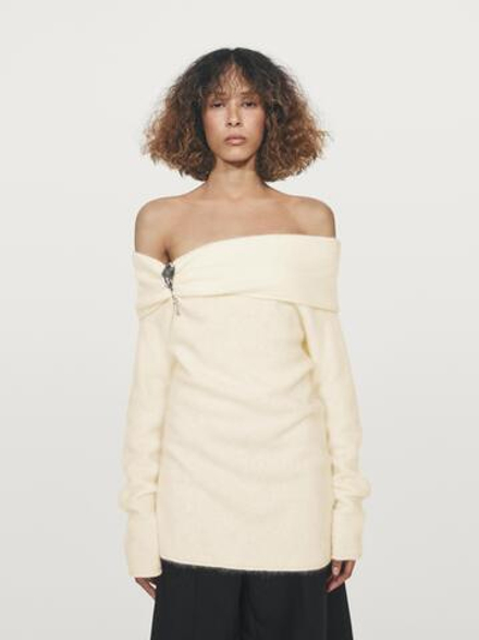 Massimo Dutti Трикотажный свитер из шерсти и кашемира с открытыми плечами, белый