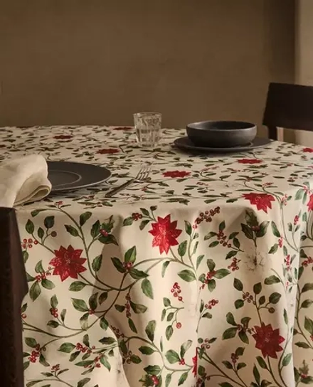 ZARA HOME ХЛОПКОВАЯ СКАТЕРТЬ С КОНТРАСТНЫМИ УЗОРОМ НА РОЖДЕСТВЕНСКУЮ ТЕМАТИКУ