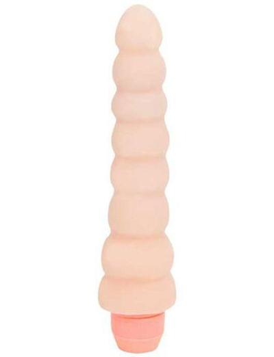 Телесный гнущийся вибратор ребристой формы - 18,2 см.