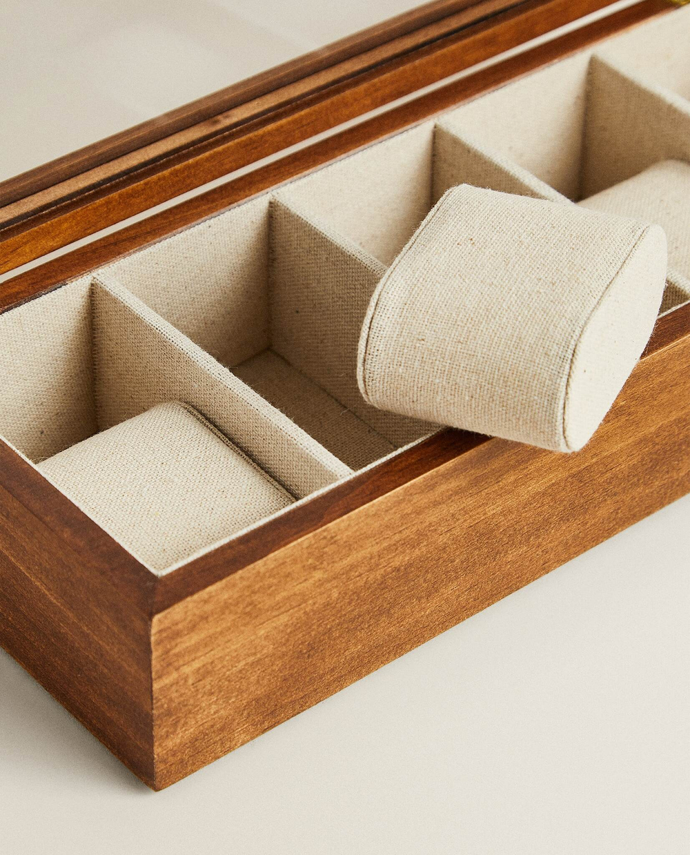 ZARA HOME ДЕРЕВЯННАЯ ШКАТУЛКА ДЛЯ ЧАСОВ С ЛЬНЯНОЙ ОБИВКОЙ ВНУТРИ, КОРИЧНЕВЫЙ