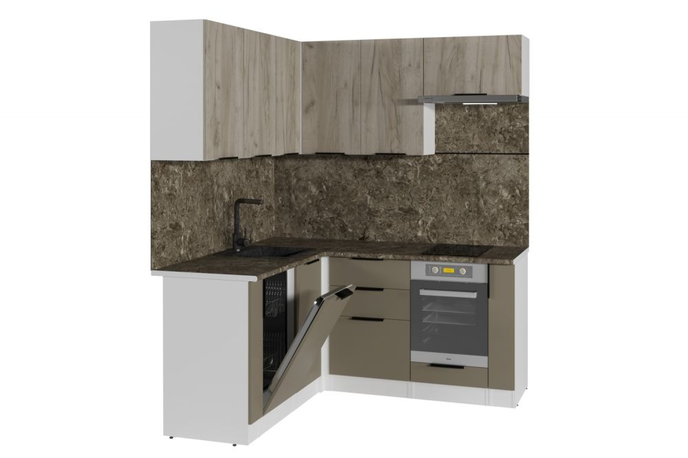 Кухонный гарнитур Альба мега прайм 2 1600х1700 мм, каркас ЛДСП, фасад ЛДСП, Белый/Дуб браун/Мокко(ПМ+СДШ)