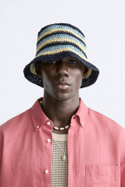 ZARA ШЛЯПА ИЗ КРУЖЕВА КРОШЕ В ПОЛОСКУ, МОРСКОЙ СИНИЙ