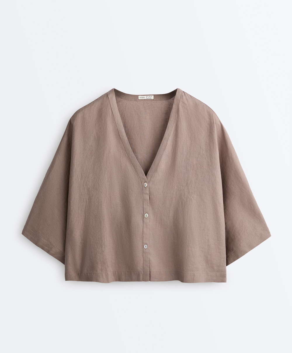 Oysho Рубашка с коротким рукавом из 100% льна, серо-коричневый