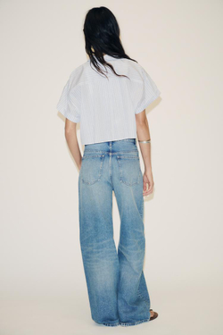 ZARA УКОРОЧЕННАЯ РУБАШКА ИЗ ПОПЛИНА, СИНИЙ/БЕЛЫЙ