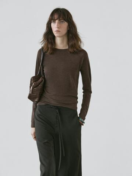 Massimo Dutti Шерстяная футболка с рукавами реглан, коричневый