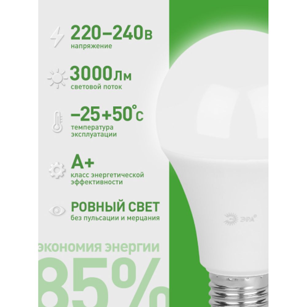 Лампа светодиодная ЭРА GREEN LINE LED A65-30W-840-E27 GL 30Вт груша яркий белый свет E27 | Лампы cветодиодные Груша (A)