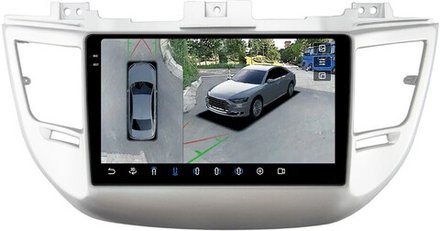 Магнитола для Hyundai Tucson 3 2015-2018 (без штатной КЗВ, рамка серебро) - FarCar BX9-360-8101S-A монитор 9.5" 2K QLED на Android 13, 6Гб+128Гб, CarPlay, 4G SIM-слот, 4 камеры в комплекте