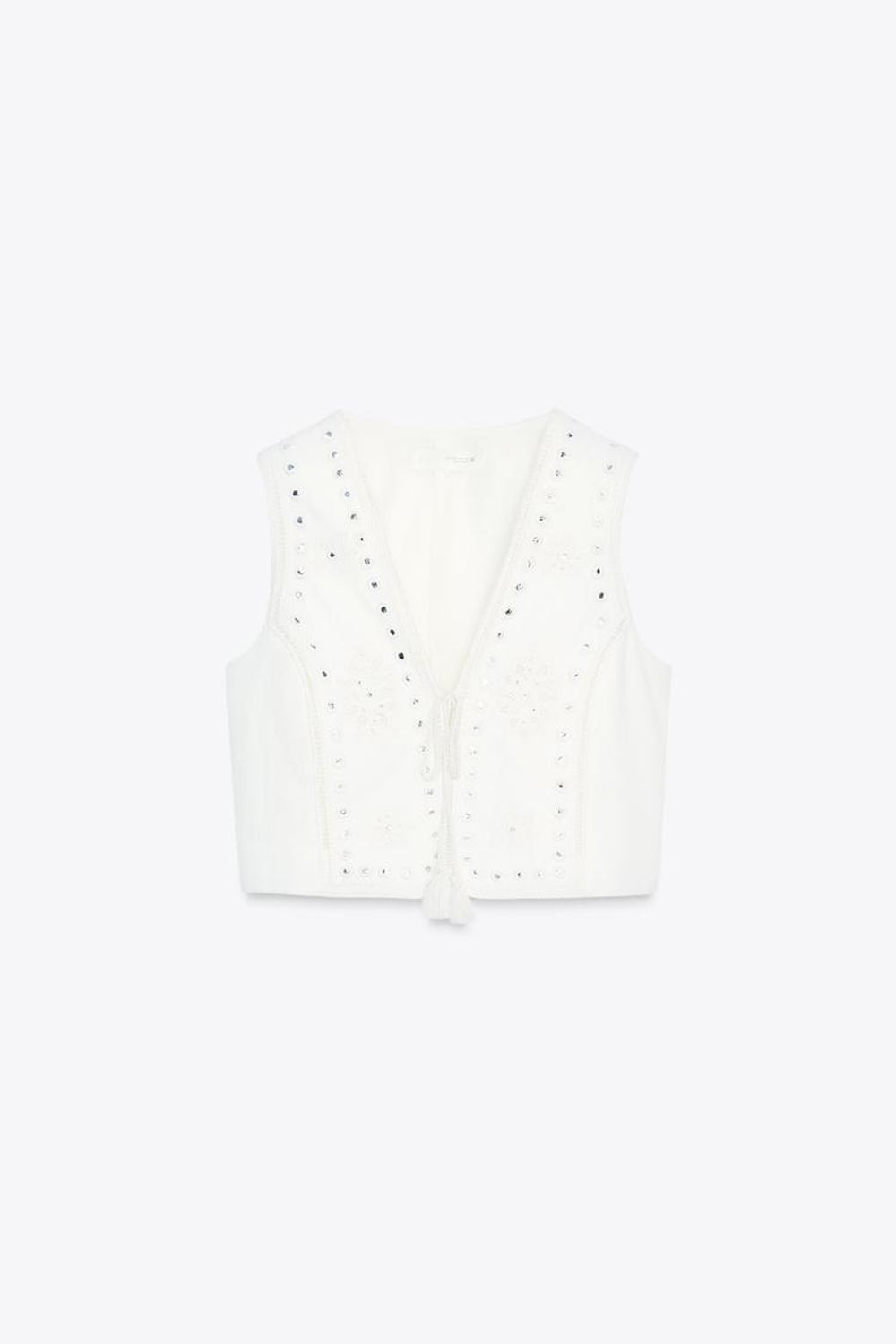 ZARA ТОП-ЖИЛЕТ С ВЫШИВКОЙ И ЗЕРКАЛЬНЫМИ ДЕТАЛЯМИ, БЕЛЫЙ