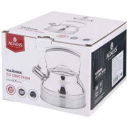 ЧАЙНИК AGNESS СО СВИСТКОМ 2,7Л, ТЕРМОАККУМУЛИРУЮЩЕЕ ДНО, 304 СТАЛЬ, ИНДУКЦИЯ