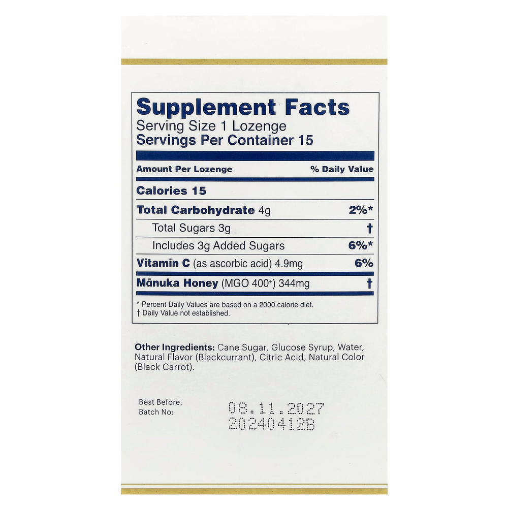 Manuka Health, Леденцы, лесной мёд манука и черная смородина, MGO 400+, 15 леденцов
