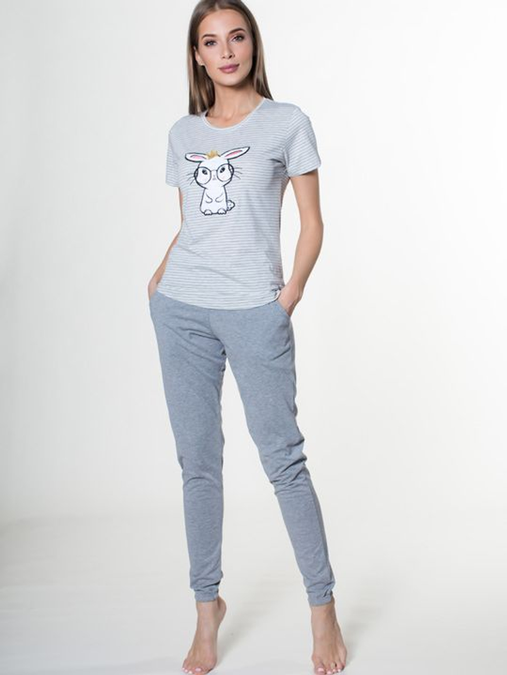 Хлопковый комплект с футболкой в полоску и с принтом (Размер: M) (Цвет: серый)