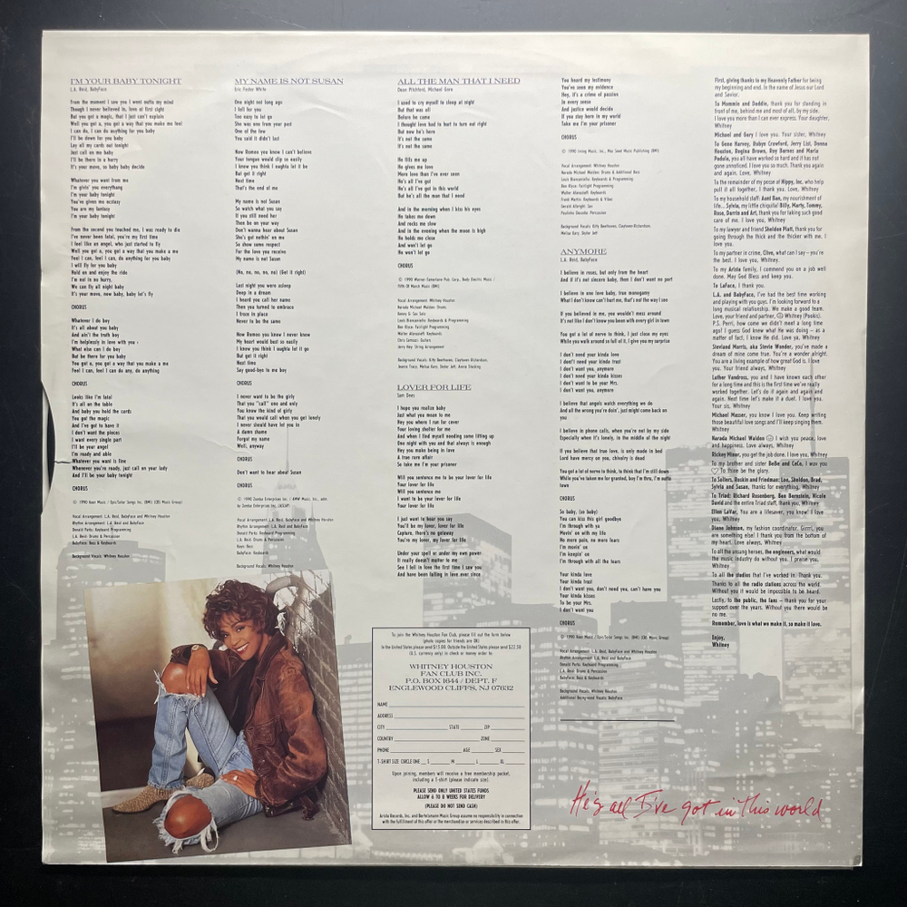 Виниловая пластинка Whitney Houston - I'm Your Baby Tonight LP