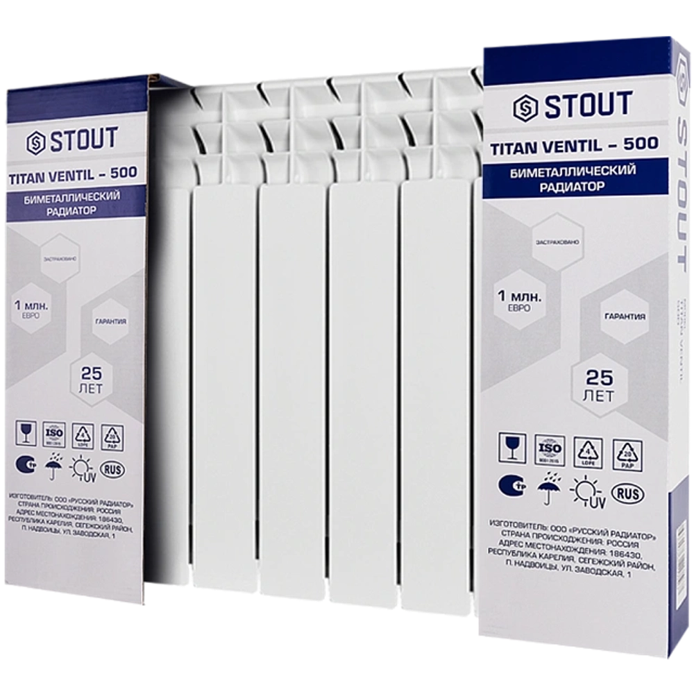 Радиатор биметаллический STOUT TITAN VENTIL 500 - 9 секций (подключение нижнее правое, цвет белый)