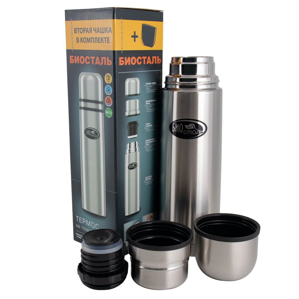 Термос &quot;Биосталь&quot; с узкой горловиной и пробкой с кнопкой, 2 чашки, 0,75 л/12/
