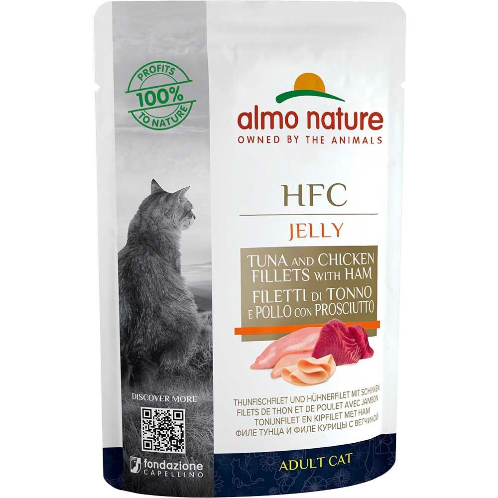 Almo Nature консервы для кошек &quot;HFC Jelly&quot; с тунцом, курицей и ветчиной (97,3% мяса) (желе) 55 г пакетик