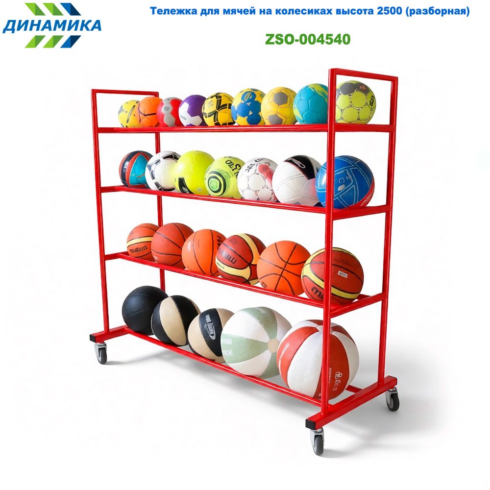 Стеллаж на колесиках для мячей разборный высота 2500 (цвет красный) 5 полок