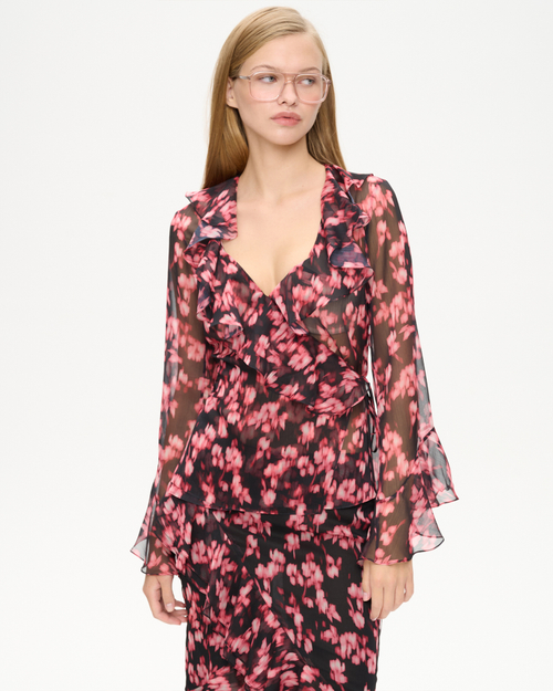 Блуза из принтованного шифона с воланами и завязками