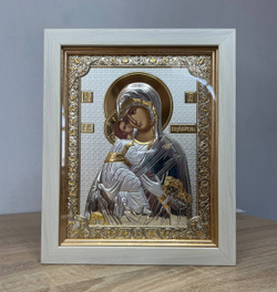 Владимирская БМ, икона прямоугольная в рамке под стеклом, белое дерево 232х280