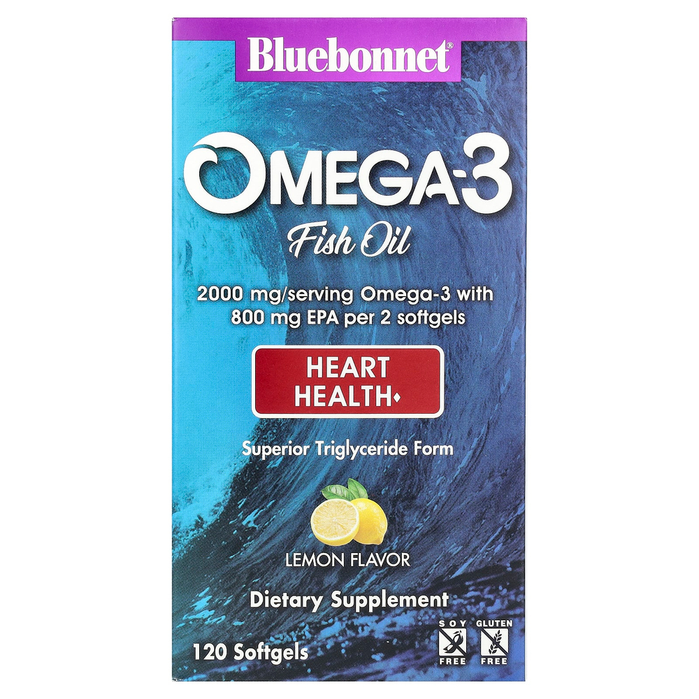 Bluebonnet Nutrition, рыбий жир с омега-3, для здоровья сердца, со вкусом лимона, 120 капсул (1000 мг в каждой)