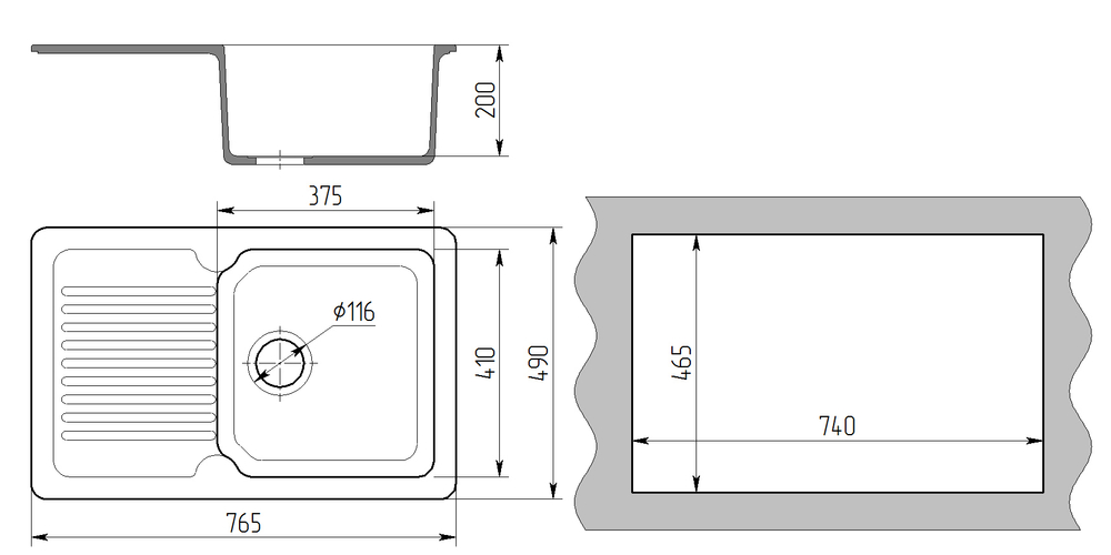 Мойка ML-GMS24 СТАНДАРТ с крылом, черный (308), 765*490*200мм