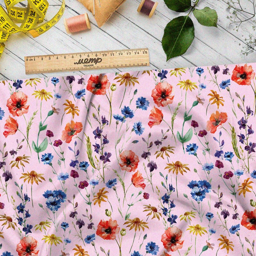 Ткань таффета маки, васильки, ромашки и колокольчики