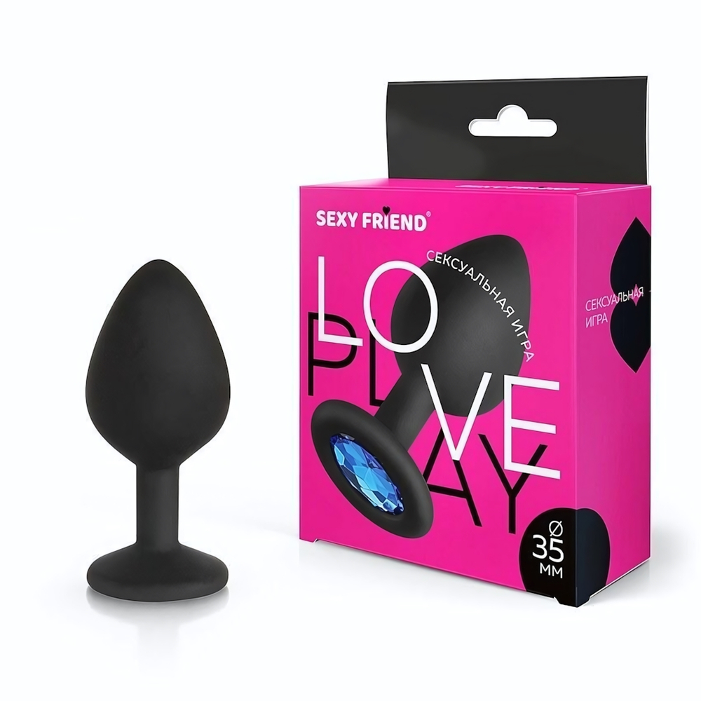 Черная силиконовая анальная втулка с голубым кристаллом - 8 см. (Цвет: голубой)