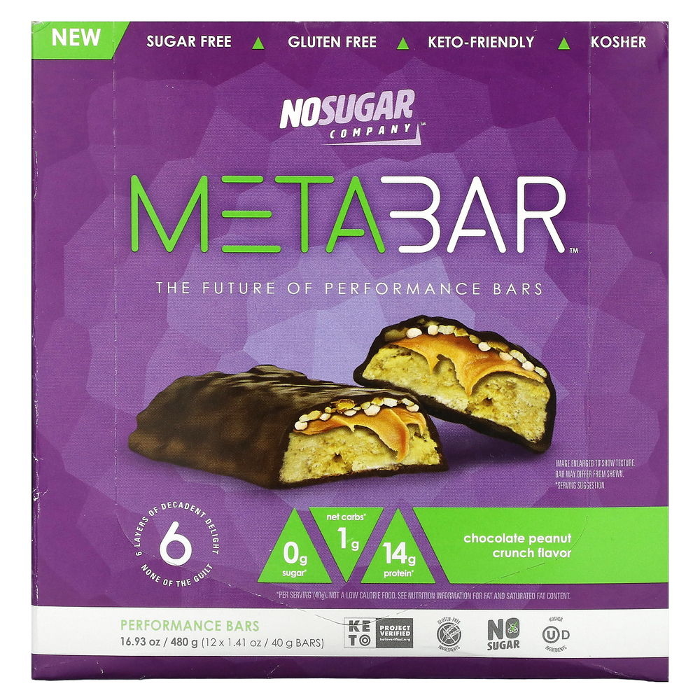 No Sugar Company, MetaBar, шоколадно-арахисовый кранч, 12 батончиков, по 40 г (1,41 унции)