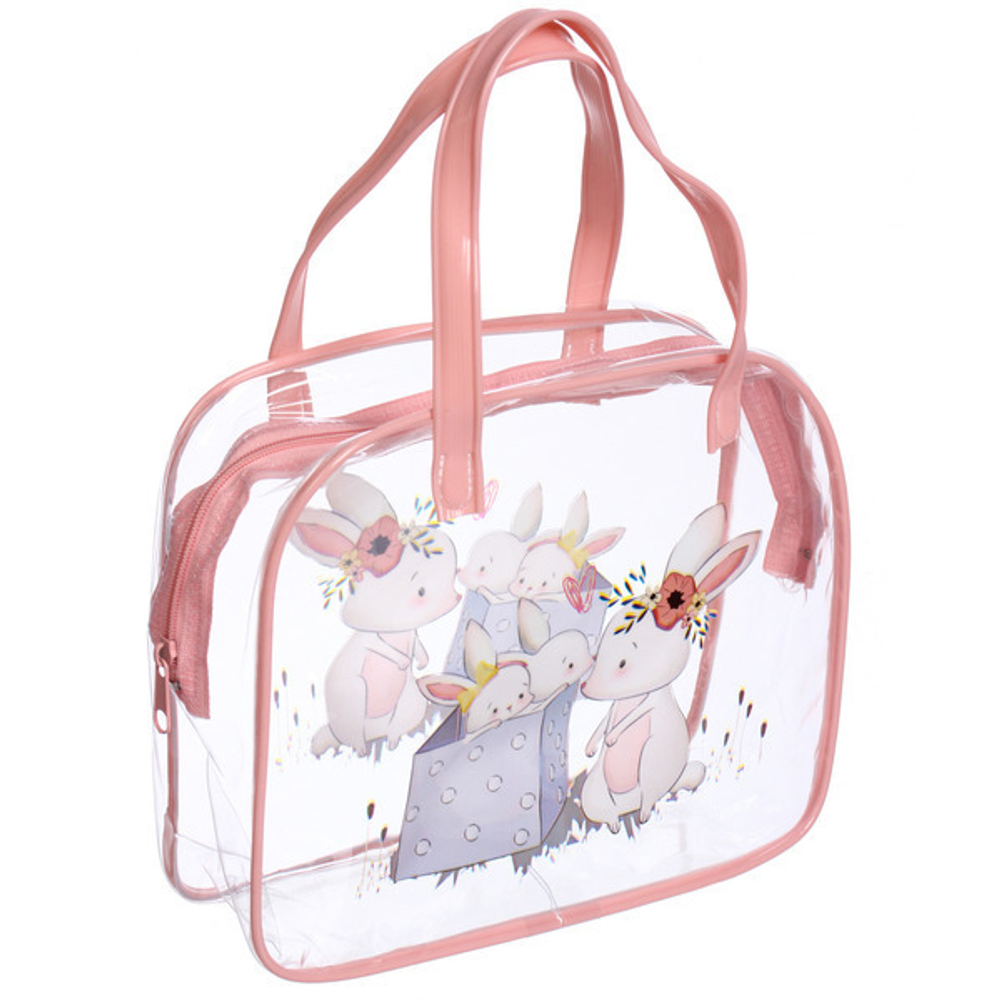 Косметичка прозрачная «MALINKA SHOP», зайки, цвет окантовки розовый, 20*16*8