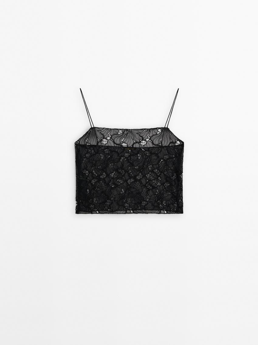 Massimo Dutti Кружевной топ на бретелях, черный