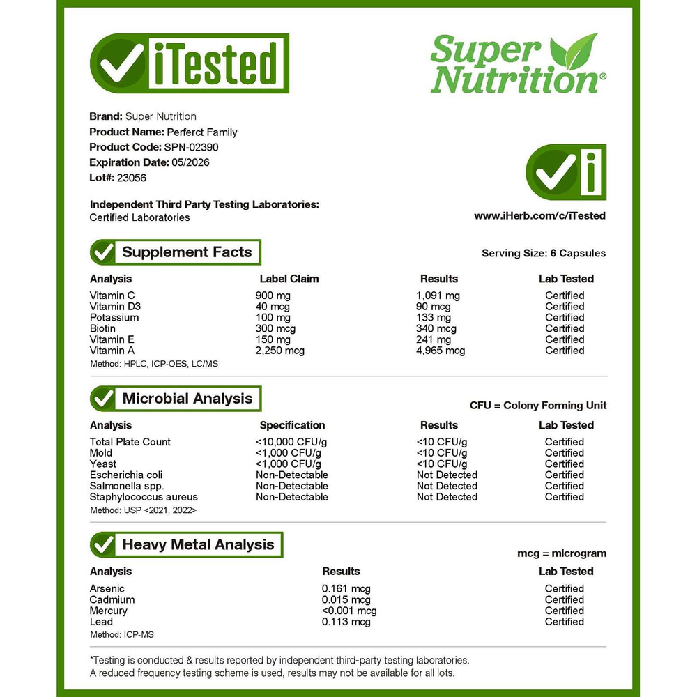 Super Nutrition, Perfect Family, мультивитамины с витамином A, метил B12, фолатом, витамином C и биотином, без железа, 240 растительных капсул