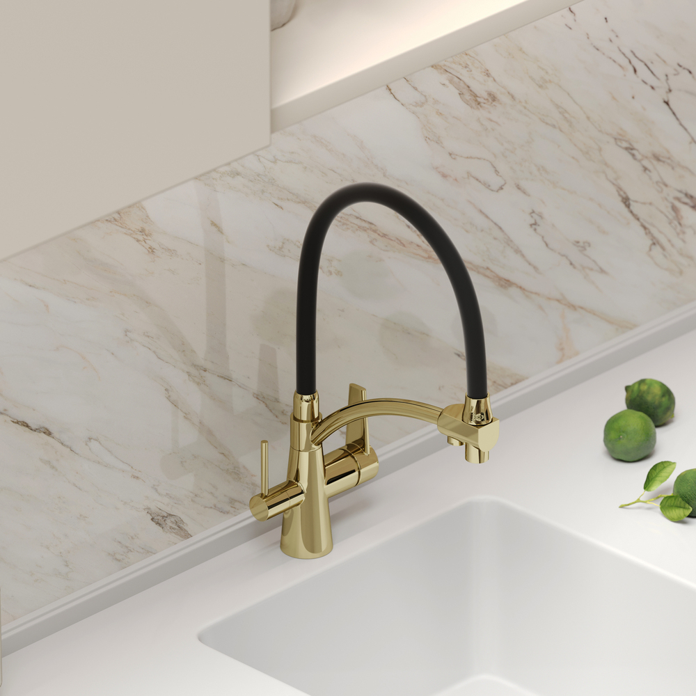 Смеситель для кухни Sancos Eri с гибким изливом, цвет полированное золото/черный, PVD покрытие, арт. SC4001ZG