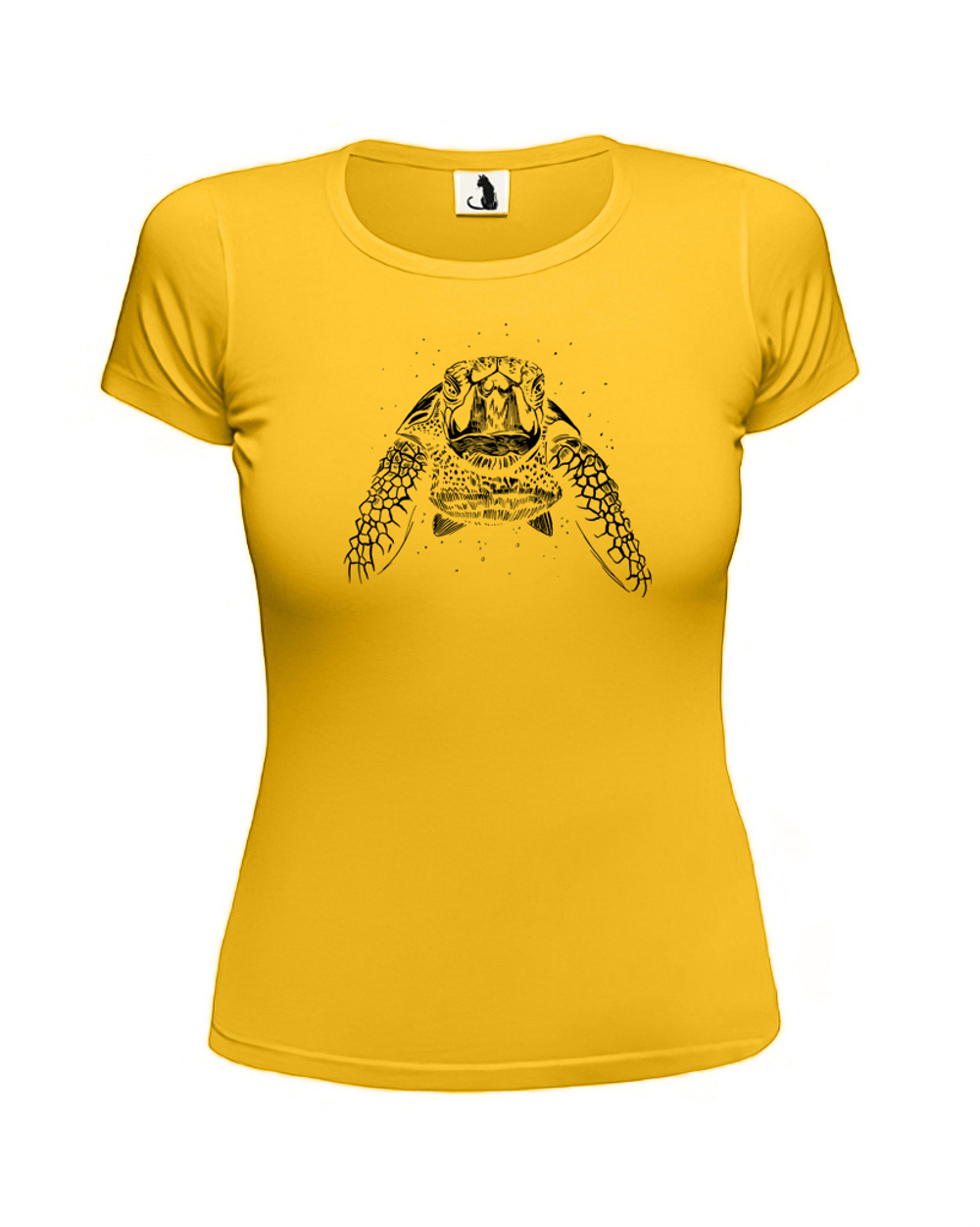Футболка с черепахой женская приталенная желтая с черным рисунком