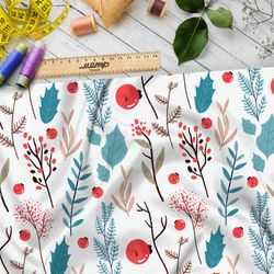 Ткань таффета лесная трава и рябина на белом фоне