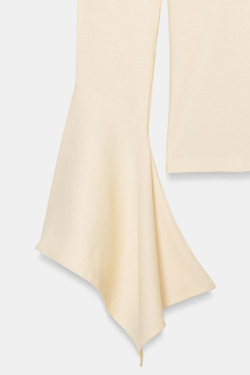 ZARA ФУТБОЛКА С ДЛИННЫМИ РУКАВАМИ И ВОЛАНОМ, ЖЕЛТОВАТО-БЕЛЫЙ