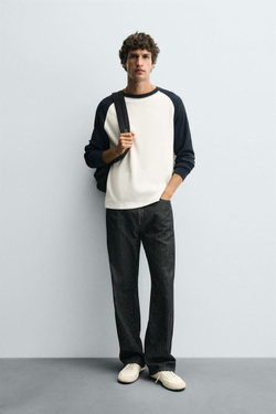 ZARA ФУТБОЛКА В СТИЛЕ КОЛОР-БЛОК ИЗ ТКАНИ ВАФЕЛЬНОГО ПЛЕТЕНИЯ, ТЕМНО-СИНИЙ/БЕЛЫЙ