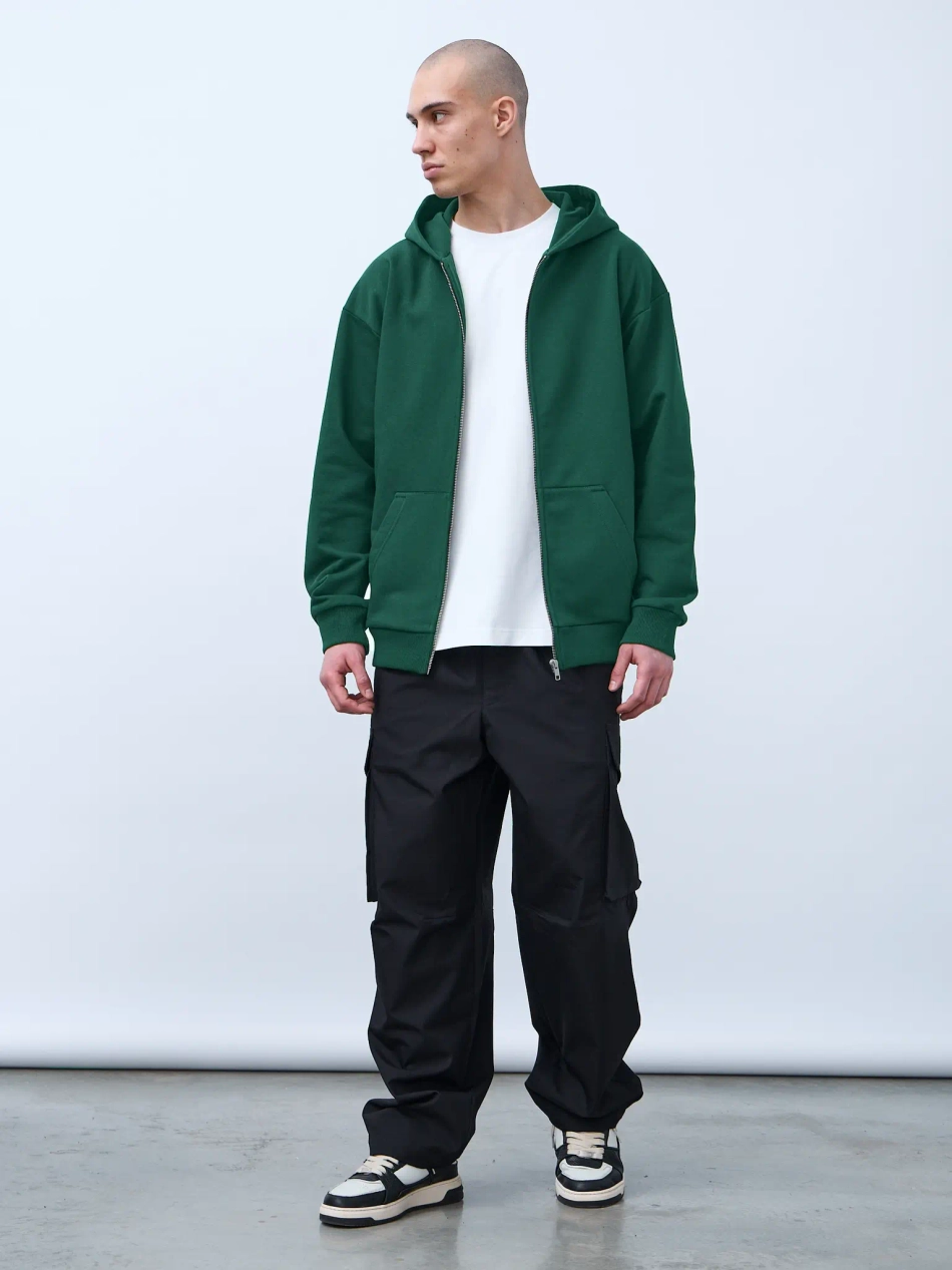 Худи оверсайз на молнии без начеса (темно-зеленый)