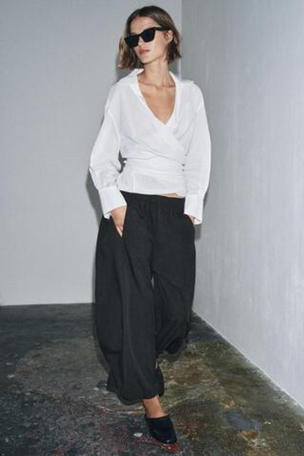 ZARA ОБЪЕМНЫЕ СВОБОДНЫЕ БРЮКИ ИЗ ШЕРСТИ ZW COLLECTION, ТЕМНО-СЕРЫЙ