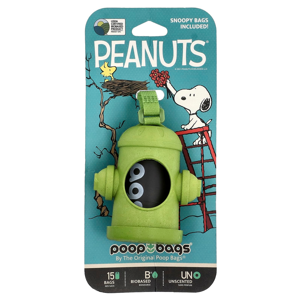 Original Poop Bags, Peanuts®, диспенсер для пакетиков, зеленый, пакетики-снупи, без запаха, 1 дозатор, 15 пакетиков