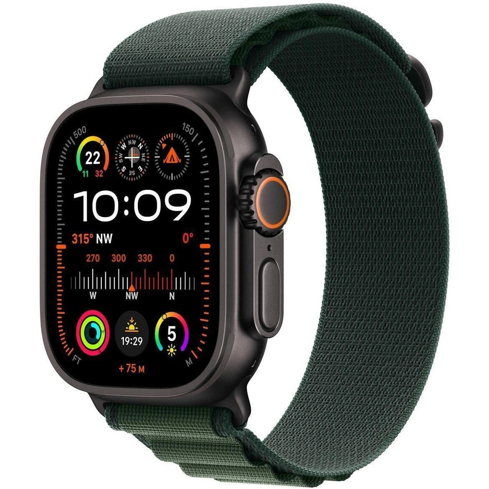 Apple Watch Ultra 2 (2024) GPS+Cellular 49mm, Black Titanium ремешок "Dark Green Alpine Loop", размер M 145-190mm (MX4R3)