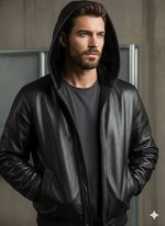 Куртка бомбер кожаная на меху с капюшоном